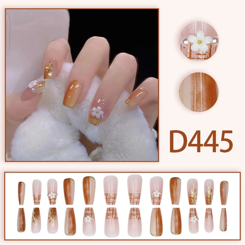 Uñas Postizas Cortas Cuadradas Desmontables Con Flores 3D Tablero De Ajedrez Degradado Ámbar Perla Artificial Decoración De Pan De Oro
