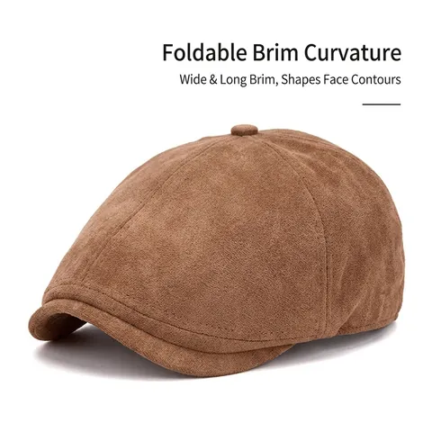 Retro Newsboy Cap Faux Suede Solid Color Warm British Style Flat Cap For Men Women Adjustable Buckle Vintage Beret
