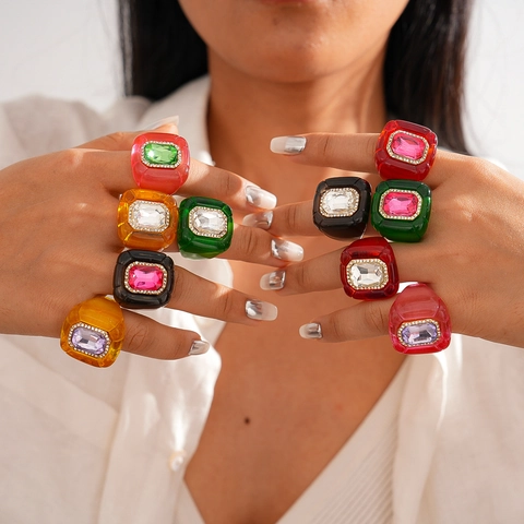 Vintage Harz Ring Für Damen Geometrische Sechseck Rechteck Strass Bunt Acryl Eingelegt Mode Schmuck
