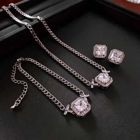 Square Zircon Pendant Necklace Bracelet Earrings Copper With Cross Design Silver Color Fashion Jewelry For Women