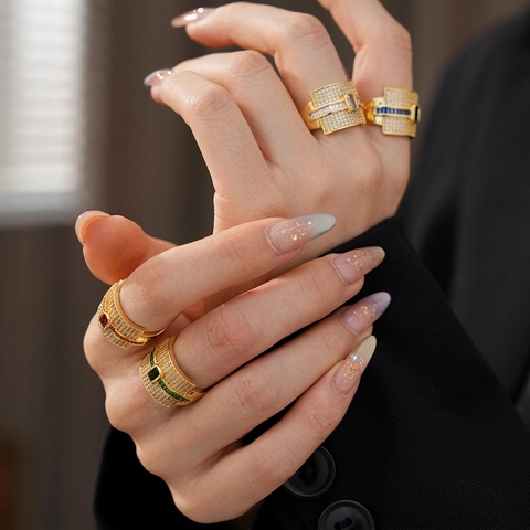 Luxury Wide Band Ring Copper Micro Paved Zircon Rectangle Colorful Gemstone Vintage Adjustable Finger Jewelry For Women
