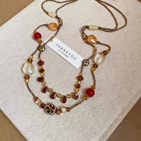 Collier Multicouche En Perles Résine Verre Céramique Pendentif Fleur Goutte Chaîne Longue Pull Vintage Bohème Pour Femmes