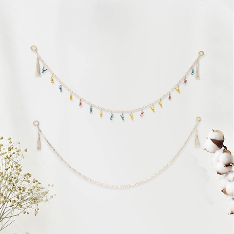 Boho Macrame Photo Hanging Rope Cotton Woven Wall Decor Display Lanyard With Colorful Clips And Wood Rings