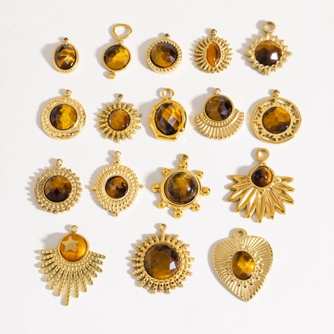 Charmes Pendentifs En Acier Inoxydable Pierre Oeil De Tigre DIY Bijoux Rétro Plaqué Oro Géométrique Pour Colliers Bracelets