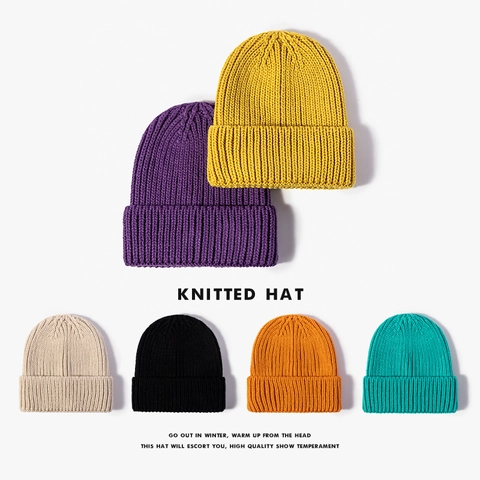 Ribbed Knit Beanie Acrylic Cuffed Winter Warm Solid Color Minimalist Cold Cap For Men Women
