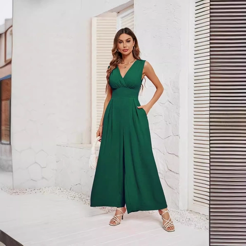 Mouwloze Jumpsuit Met V-Hals Voor Dames Hoge Taille Wijde Pijpen Lange Broek Polyester Effen Kleur Elegant Zomer Casual