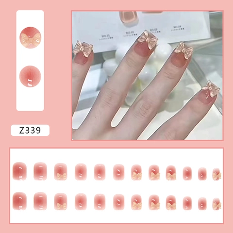 Uñas Postizas A Presión Con Degradado Rosa Con Lazo De Resina 3D Rubor Cristalino Uñas Artificiales Dulce Manicura Moda