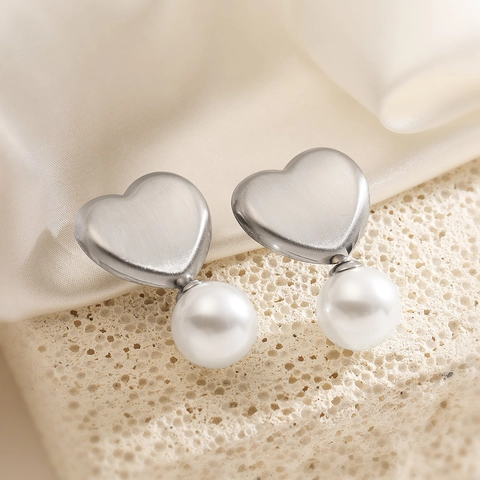 Heart Artificial Pearl Stud Earrings For Women Minimalist Elegant Brushed Stainless Steel With Artificial Pearl Drop Aesthetic Jewelry Gift
