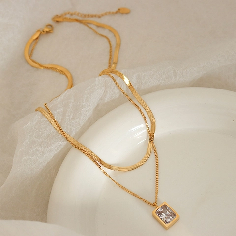 Double Layer Necklace Titanium Steel Rectangular Zircon Pendant Layered Snake Chain Gold Plated Minimalist For Women