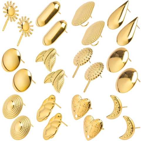 Geometric Stud Earrings Stainless Steel Sun Heart Oval Teardrop Leaf Round Dome Vacuum Plating Piercing Jewelry Minimalist