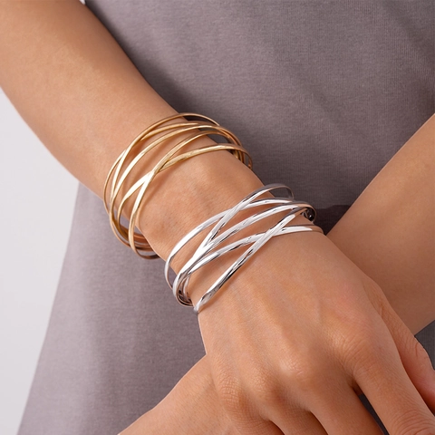 Multi Layer Cross Open Cuff Bracelet Alloy Geometric Minimalist Metallic Wrist Jewelry For Women
