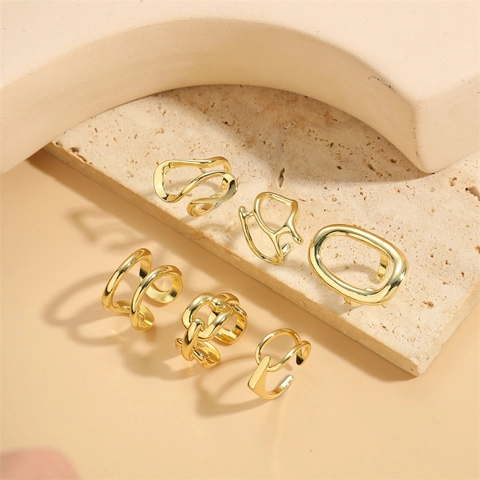 Bague En Cuivre Ajustable Géométrique Irrégulière Minimaliste Texture Métal Poli Bijoux Mode Femmes Style Élégant