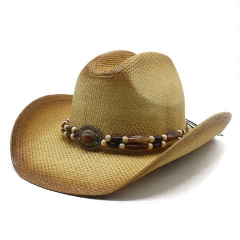 Cappello Da Cowboy In Paglia Fatto A Mano Western Carta Protezione Solare Tesa Larga Fascia Con Perline Per Uomo Donna