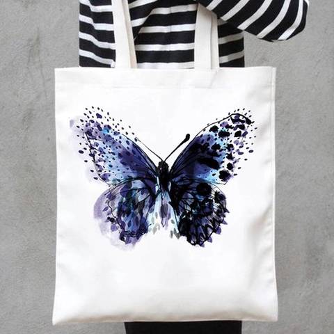 Women's Cute Butterfly Printed Canvas Tote Bag Eco Friendly Reusable Shopping Handbag For Casual Daily Travel Beach