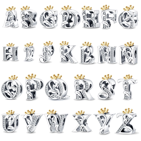 Initial Letter Alphabet Charm Bead Silver Plated Copper Gold Crown Rhinestone DIY Jewelry Accessories For Bracelets