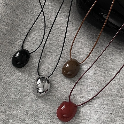 Collana Ciondolo Ciottolo Ovale In Lega Minimalista Liscia Lucida Forma Fagiolo Stile Metallo Liquido Gioielli Cordino Cera