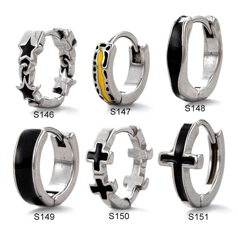 Orecchini Huggie A Cerchio In Acciaio Inossidabile Per Uomo Punk Retrò Croce Stella Smalto Nero Gioielli Unisex