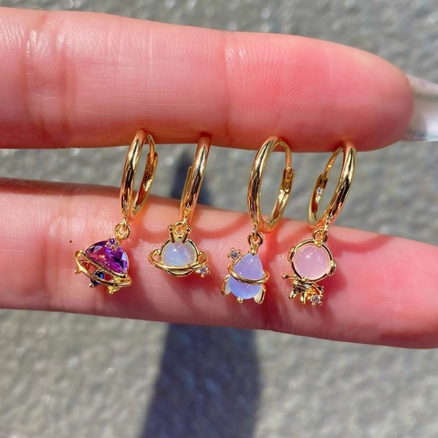 Cartoon Astronaut Planet UFO Rocket Pendant Hoop Earrings Brass Zircon Inlaid Space Theme Jewelry For Women Gift