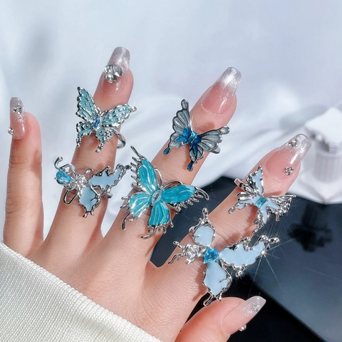 Bague Ouverte Papillon Cuivre Émail Bleu Ajustable Irrégulier Métal Liquide Bijoux Esthétiques Pour Femmes
