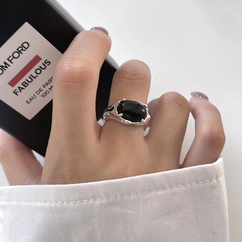 925 Sterling Silber Verstellbarer Ring Mit Ovalem Schwarzem Onyx Liquid Metal Stil Minimalistischer Moderner Schmuck