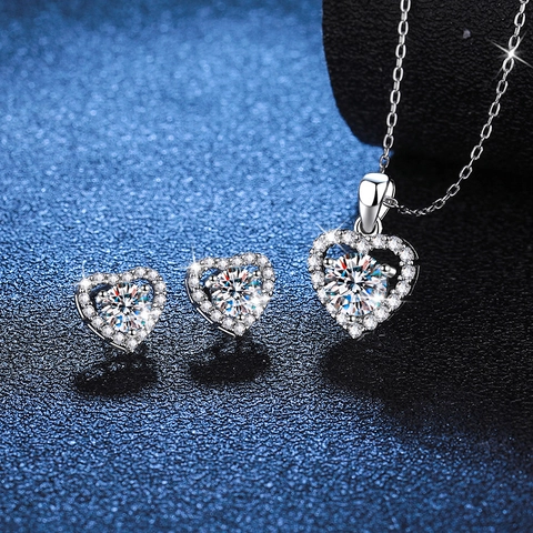 925 Sterling Silver Heart Moissanite Jewelry Set Women Sparkling Necklace And Earrings Valentine Gift Fashion Jewelry