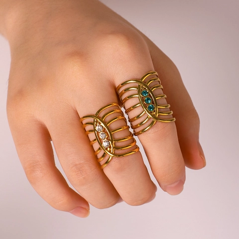 Vintage Wide Band Ring Multi Layer Hollow Geometric Stainless Steel 18K Gold Plated Zircon Inlaid Adjustable For Women