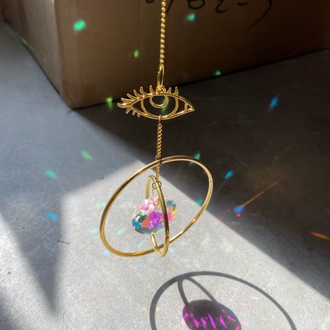 Crystal Suncatcher Prism Evil Eye Metal Hanging Ornament Rainbow Maker Window Garden Decoration Aesthetic Boho Style