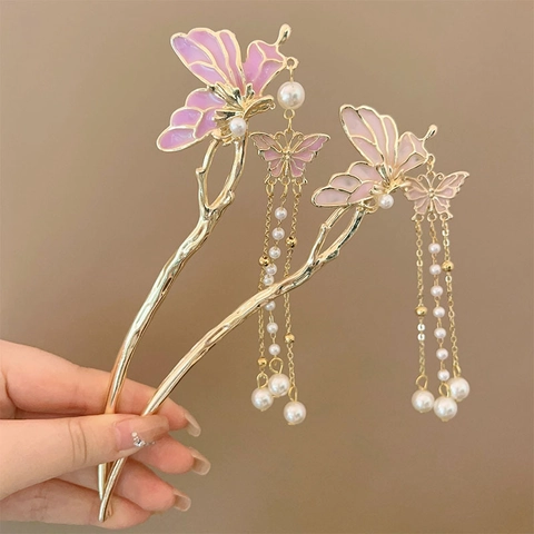 Bastoncino Per Capelli A Farfalla Cinese Antico Nappa Lunga Lega Smalto Forcina Tradizionale Per Donne Copricapo Vintage Elegante