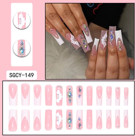 Press On Nägel Coffin Lang French Tip Rosa Weiß Harz Straßstein 3D Blume Elegante Künstliche Falsche Nägel Für Damen