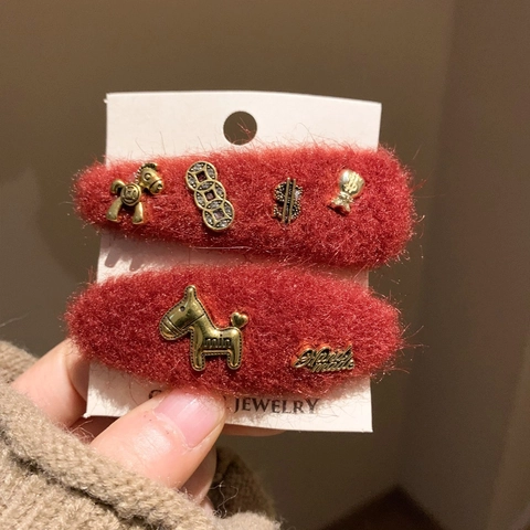 Red Plush Hair Clip Golden Alloy Horse Charms Handmade Autumn Winter Side Bangs BB Clip For Women Girls