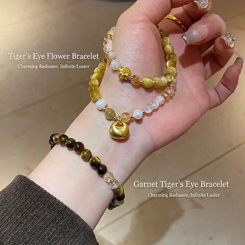 Bracelet À Künstliche Perles En Œil De Tigre Naturel Avec Künstliche Perles De Culture Cristal Pendentifs En Or Bijoux Élégants Pour Femmes
