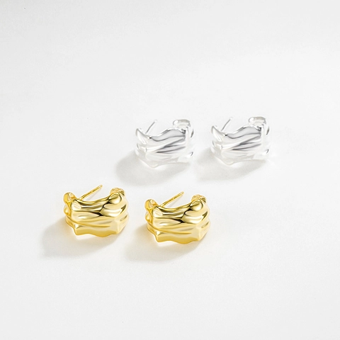 Orecchini a Bottone Geometrici Irregolari in Argento Sterling S925 per Donna Texture Lava Fusa Stile Minimalista alla Moda Placcato Oro 18K