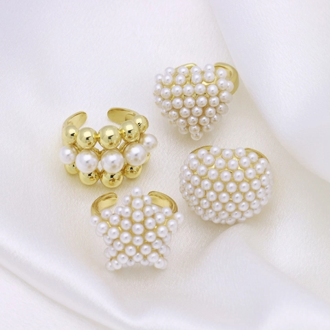Eleganter Verstellbarer Offener Ring Mit Imitationsperlen Für Damen Herz Stern Kupfer 18K Vergoldet Luxus Schmuck