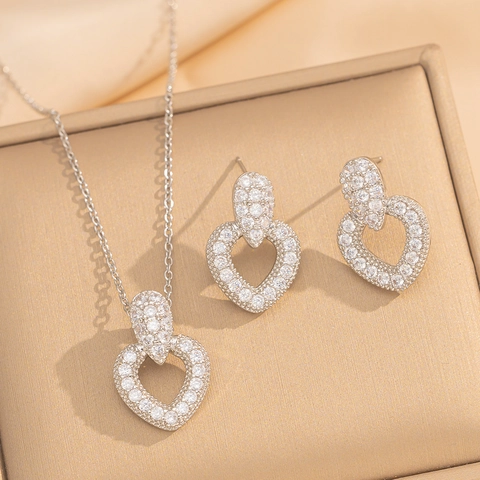 Heart Shaped Zircon Necklace And Earrings Jewelry Elegant Sparkling Gold Plated Micro Paved Fashion Luxury Women