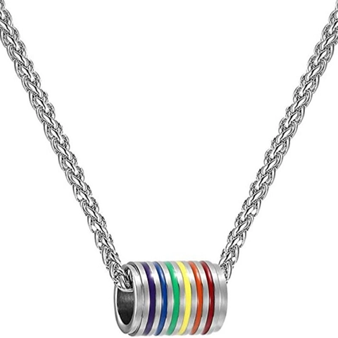 Rainbow Cylindrical Pendant Necklace Stainless Steel Enamel Colorful Pride LGBTQ+ Jewelry For Unisex Couples