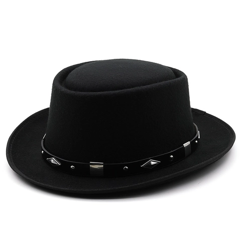 Cappello Fedora In Feltro Di Lana Stile Britannico Vintage Tesa Larga Cupola Piatta Con Cinturino In Pelle Rivettato Unisex