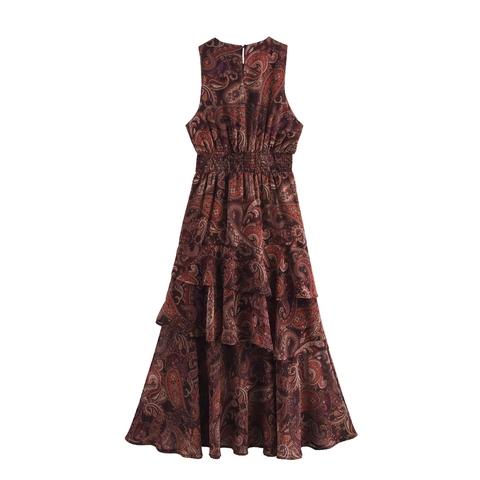 Ärmelloses Maxikleid Mit Paisleymuster Chiffon Gestuftes Rüschen Rundhalsausschnitt Retro Boho Elegant Damen