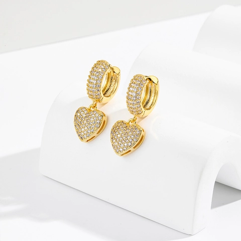 Elegant Heart Dangle Hoop Earrings Copper Gold Plated Pavé Zircon Fashion Jewelry For Women
