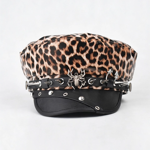 Leopard Print Militärmütze PU Leder Schirm Mit Metall Spinne Spikes Punk Gothic Style Baker Boy Mütze Für Damen Herren