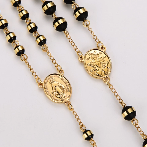 304 Collar De Rosario Católico De Acero Inoxidable Con Medalla Virgen María Retrato De Corazón Y Colgante De Cruz