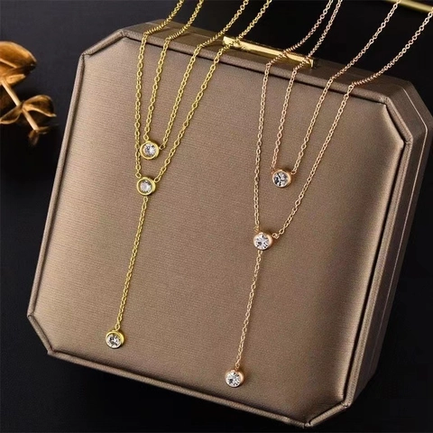 Double Layer Y Necklace Titanium Steel Round Zircon Pendant Geometric Circle Minimalist Elegant Jewelry For Women