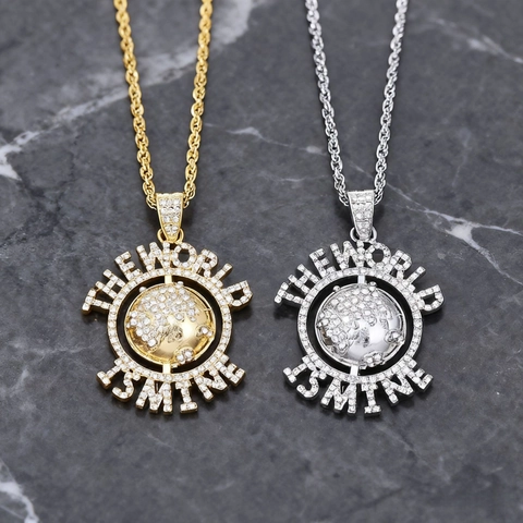 Planeten Globus Anhänger Halskette Mit Strass Zirkon The World Is Mine Schriftzug Edelstahl Und Legierung Hip Hop Schmuck