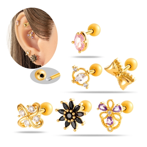 Vintage Chirurgisch Stalen Oorkraakbeen Piercing Studs Zirkoon Bloem Strik Hart Schroefsluiting Oorbellen Lichaamssieraden
