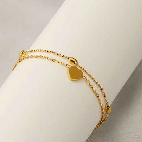 Double Layer Heart Bracelet Anklet 18K Gold Plated Stainless Steel Beaded Chain Fashion Jewelry For Women Elegant