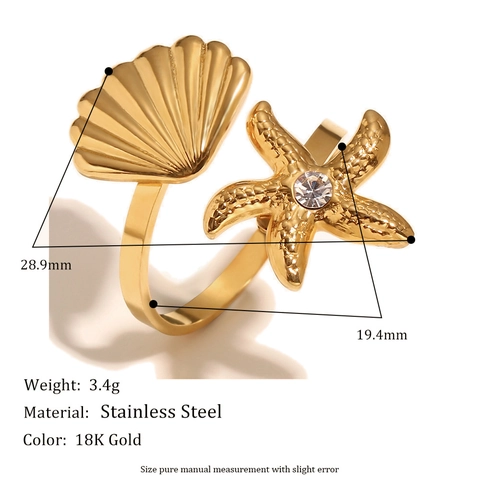 Starfish Shell Adjustable Ring Stainless Steel 18K Gold Plated Rhinestone Ocean Theme Summer Vacation Jewelry For Women