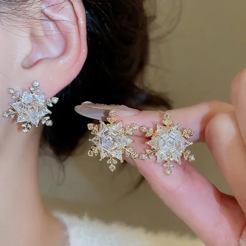 Snowflake Stud Earrings Copper Zircon With 925 Sterling Silver Earring Post Sparkling Elegant Winter Jewelry For Women