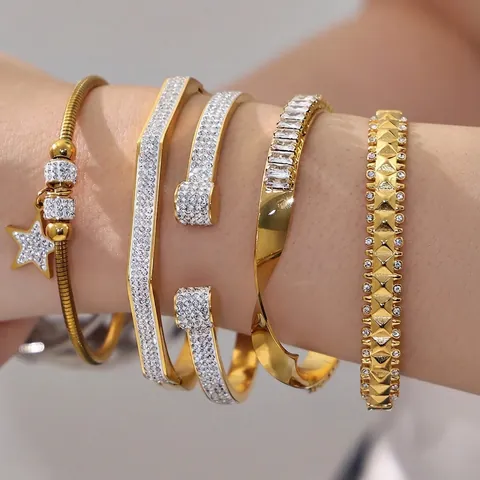 Geometric Bangle And Bracelet Collection Stainless Steel Gold Plated With Zircon Rhinestone Star Charm Elegant Trendy For Women