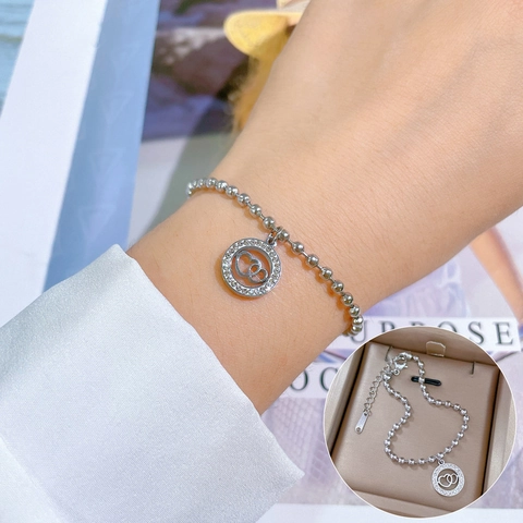 Bracelet À Billes En Acier Inoxydable Pendentif Rond À Double Cœur Entrelacé Strass Bijoux Réglables Cadeau Femmes