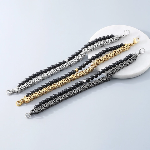 Men's Stainless Steel Byzantine Chain Bracelet With Matte Black Agate Beads Layered Hip Hop Retro Jewelry