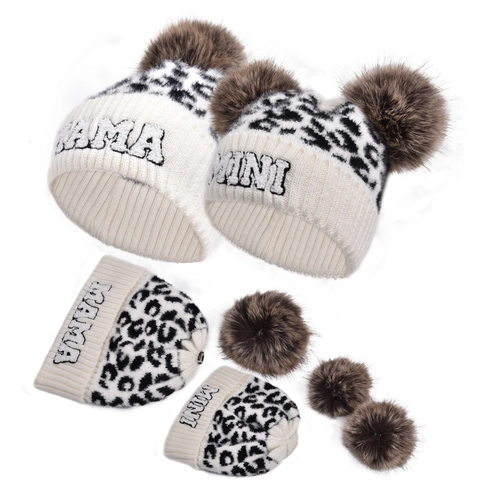 Leopard Print Knitted Beanie Hat With Faux Fur Pompom Letter Embroidery Soft Warm Winter Headwear For Family Matching